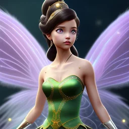 Tinker Bell fairy,detailed eyes, disturbed expression.intricate detaile,thnically accurate face, intricate head dress,intricate fairy dress, detailed hair, detailed feathers,fairy wings use dynamic palette, accurate proportions, high contrast black smokey bokeh background. korra character style andrei bonelli style.