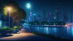 photo realistic and beautiful chill-out urban summer city night scene