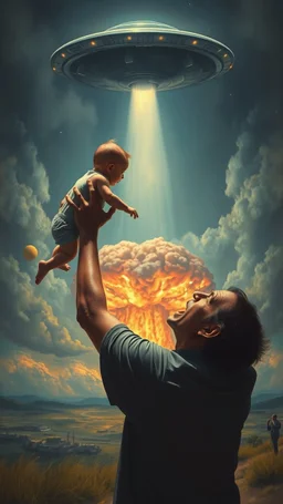 Bosch painting style nightmare, a man screaming holding a baby up toward a ufo spaceship, in the background a nuclear explosion in the rear view , dramatic sad scene, fantasy, scary.