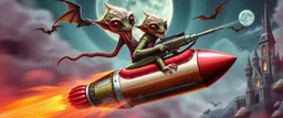 hairy macho gremlin octopus lizard aliens living in a hi tech marvellous hot dog art graphics rocket with a mounted sling shot, heading for venus stone castle, background motion blur and smoke swirls, and cheeky bats