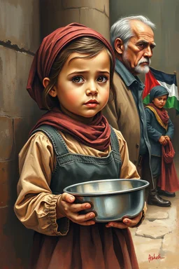 an expressive painting of a 3 years old girl poor with Ruth clothes standing in line asking for food with a pan in her hand painting, with Palestinian flag in the background, we might see a companion with features of absolute strength and determination, blended with warmth and deep faith. Perhaps his face expresses wisdom and courage, with eyes radiating confidence and faith.