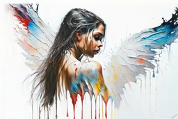 A detailed illustration of a beautiful young female human with growing out of her back. Her skin, hair and face are all made of paint. Her wings are spread. Highly detailed flawless facial features and eyes. Abstract Oil painting splash art. White background, wide angle, abstract design, beautiful, thick flowing paint strokes, dripping paint, fantasy art, modern art, ((soft happy complimentary colors,)) modern aesthetic, focused on the character, 4K resolution.