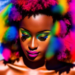 masterpiece, best quality, woman, dark skinned, sparkling eyes, fluorescent skin, colorful makeup, afro, head shot, highly detailed body, sun light, 4K, RAW, depth of field, high contrast, realistic details, 24mm