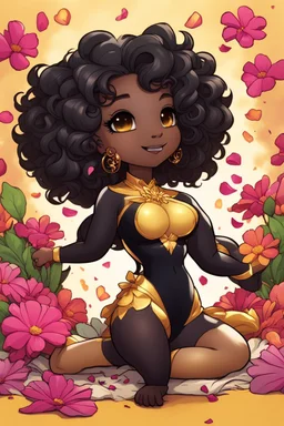 A sassy thick-lined comic book art cartoon black chibi girl lounging lazily on her side, surrounded by flower petals. She has a golden lion tail curling playfully behind her curvy body. Looking up coyly, she grins widely, showing sharp lion teeth. Her poofy hair forms a mane framing her confident, regal expression.