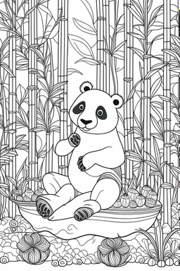 HAPPY NEW YEAR coloring page for kids, Panda munches on bamboo in patterned backdrop, thick outline, low details, no shading, no color