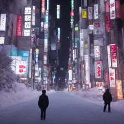 foto tirada por tras de um homem solitário, nas ruas de tokyo, na neve de noite