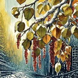 Exquisitely detailed branch of large, shiny, plump, juicy, very dark red-burgundy-colored cherries in watercolor, sunlit. Full-screen, wide-screen, sharp-focus, very close up. The background of the illustration extending all the way to the edges of the paper is a very small, very detailed mini-Cubist canvas, with style elements recalling Juan Gris, Paul Cézanne and Paul Klee, intricate, colored in a delicate, washed-out yellow-green-apricot abstract pattern with outline details. The watercolor i