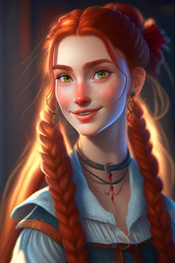 girl, masterpiece, best quality, cinematic lighting, detailed outfit, vibrant colors, perfect eyes, red hair, red eyes, long hair, braided ponytail, hairclip, earrings, smile, casual clothes