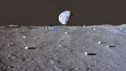 A Tesla's 'Model S Plaid' is racing at top speed on the Moon, by the landing site of the 'Apollo 11'. CINEMATIC. WIDE ANGLE LENS.