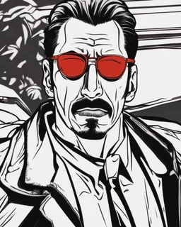 a young man with big muscles who looks like hans gruber wearing a heavy coat and red sunglasses staring with an irritated look on his face