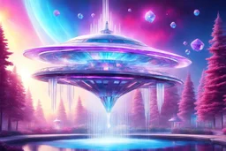 a cosmic beautiful SPACESHIP made of crystals and light is flyng up above a cosmic futuristic house. the landscape is a magic coloured nature with a central fountain with a magic bright crystal