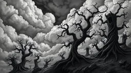 a faraway land, where the trees twisted like gnarled fingers and the skies brooded with stormy clouds, 8k, high quality, trending art, trending on artstation, sharp focus, studio photo, intricate details, highly detailed, by tim burton