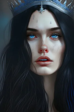 A beautiful woman in her twenties with long black hair, blue eyes, and a small scar on her cheek, wearing a silver crown