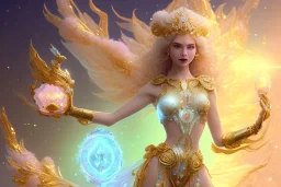 very beautiful crystal and gold goddess in a galactic ambiance, nice smiling, transparent petals, delicate colors, full of details, smooth, bright sunshine，soft light atmosphere, light effect，vaporwave colorful, concept art, smooth, extremely sharp detail, finely tuned detail, ultra high definition, 8 k, unreal engine 5, ultra sharp focus