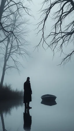 A mysterious man in black standing by the foggy lake black vein, human veins, mixing together a lot of them, like a forest, big and small veins a lot of them. A mist, show a small boat in a man in dark is coming in dark foggy distance and another man is standing on the water bank