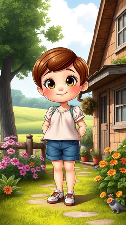 cartonic Chubby child lady with bold eyes with realistic hair and in pretty top and short tight and nice shoes,standing in country side next to country house with flowers,trees.