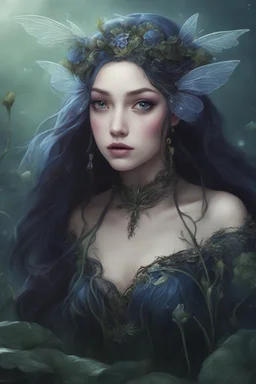 Dark blue hair, Water lilies long hair lotus night Fairy princess rapunzel hair queen crown dragonflies fireflies elven tiara flowers fairy wings gothic dark blue