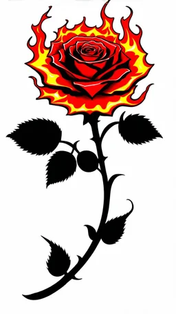 a rose where the stem(black) flows like smoke, and the flower(red) is made of fire shapes that spiral in the middle, vector in a hot-rod and tattoo style