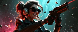 airbrush 3d rendering, mafia cyberpunk stylish lady dr smick Vex is now officially in stasis. No experiments. No clones. No accidental galaxy-ending breakthroughs. sci fi guns and rays, shattering glass background, flying debris, mad laugh