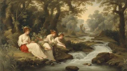 Nymphs sitting next to a stream, in a woodland clearing