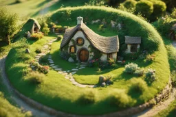 [Image of the Shire by JRR Tolkien] Miniature roundish cozy hobbit house hole of the Shire tilt-shift (La la la La la la la La la la La la la la)
