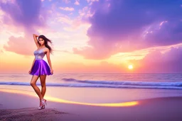 very nice real face beautiful sexy roman with make up at the beach standing pose in a short lace purple and silver dress, full body, 3D cloudy sky volumetric nice clouds 8k sharp focus,sunset,golden hour,medium shot