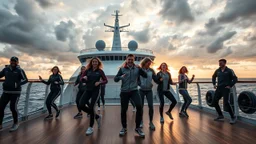 a group of young ladies and young men in sports pants and jacket are dancing to camera on deck of a huge moder ship in oceion ,cloudy sun set sky