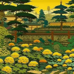 A dark yellow garden with battery flowers painted by Utagawa Hiroshige