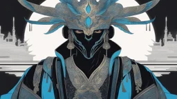 A man wears a black glass mask and Chinese clothes , black and blue color, solo leveling shadow drawing style, neon, intricate details, highly detailed, high details, detailed portrait, masterpiece,ultra detailed, ultra quality