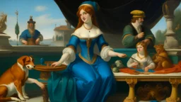 Oil painting of a white woman, around 25 years old, with auburn hair in a braid, wearing a blue jester hat, sitting on a stone pedestal with a lion head, seen from behind. In the background, two figures in a gondola, one playing a lute and the other rowing, both wearing elaborate costumes and masks. The scene is set in a Venetian-style palace with golden columns and arches. The painting style is reminiscent of the Old Masters, with soft, diffused lighting and a warm color palette. The brush