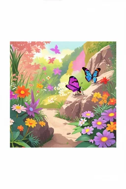 a striking, purple butterfly on a rock in a colorful garden background , child book illustration style, butterfly must be the same as reference image