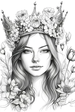 Draw a pencil sketch with white background of the face of abeautiful girl with crown on her head and having flowers all around