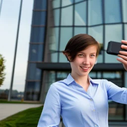 A short haired, female software engineer taking a selfie in front of Building 92 at Microsoft in Redmond, Washington