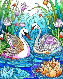 Stylized couple of two swans among lotus flowers (water lilies) and pond plants. Freehand sketch for adult anti stress coloring book cover,, colorful page, cooler background, perfect composition, beautiful detailed intricate insanely detailed octane render trending on artstation, photorealistic, soft natural volumetric cinematic perfect light, chiaroscuro, masterpiece, oil on canvas, raphael, caravaggio, greg rutkowski, beeple, beksinski, giger, black and white still, digital Art, perfect coloer