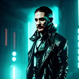 Actor, tom hardy, blade runner style, rain, fog, neon ambient, gradient color, clean skin, circuits, latex coat, cyber punk, neon, tubes, portrait, studio photo, unreal engine 5, smooth color, 16 bit, god lights, ray tracing, RTX, lumen lighting, ultra deatail, volumetric lighting, 3d, finely drawn, hd.