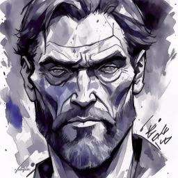 dnd, fantasy, watercolour, large strokes, stylistic, portrait, face far away, illustration, very dull black grey colours, male, face, sturdy wide face, weathered face, sly, violent, evil, ruthless, vicious, smiling