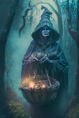 portrait of witch with shiny basket, prehistoric forest, trending art, 8k, depth of field, volumetric fog, hi detail, spray paint