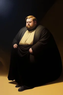 1970's dark fantasy cover dnd style oil painting of obese fat obi-wan with minimalist far perspective