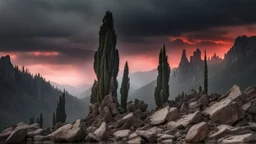 mountains, a gloomy rocky landscape, cypresses stretching up in the foreground, rocks and a bloody sky in the background