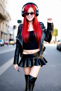 pretty young girl, red long haired, nice smile, sunglasses, headphones, nice body, big bubs and nice legs, little leather jacket, skirt and boots rocker fashion