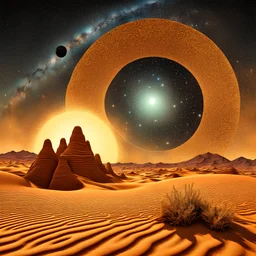 Sky and galaxies over a desert, astrophotography, surreal, Max Ernst, intricate, ornate, 8k, 3d