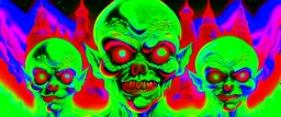 A movie poster featuring jcreatures from mars attacks movie vivid RANDOM BRIGHT neon colors, dark comedy, well lit, high detail, photorealistic, horrorcore, fun, scary, none featured, each a different color or hue,