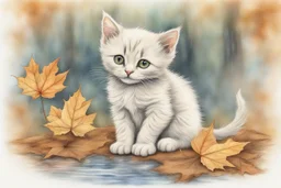 Cute soft contented kitten sweeping autumn leaves from the dirt road in the forest, reflecting water, misty morning sky, intricate zentangle, muted colours, employ golden ratio, elegant, intricate, very beautiful, high definition, hdr, pencil sketch, ultra realistic, ink, wet on wet watercolor, sparkling background