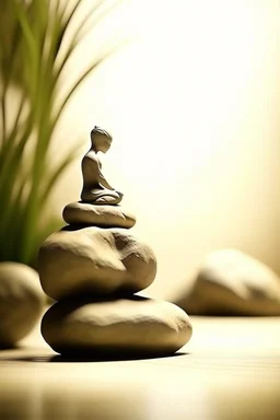 delicate background with spa stones and a bamboo stem, sand in the background, a silhouette of a girl in a yoga pose sitting on the stones, photorealistic photo