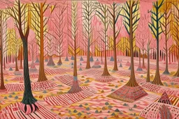 A pink woodland clearing designed in Navajo baskets painted by John Brack