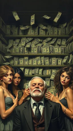 Bosch painting style nightmare, a rich man surrounded by man up young pretty girls andby a walls of money on the shelfs ,