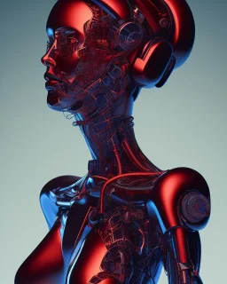 A beautiful portrait of a cyborg body women red color scheme, high key lighting, volumetric light high details psychedelic background