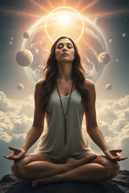 Beautiful meditating Woman connected with planets in the stunning lighting space and spirit in clouds and heaven behind her a big earth background