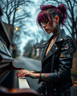 "Midnight Serenade unique" low view angle shot down village road , large close up a beautiful young girl woman with a tattoos and punk style hairstyle wearing a cool black leather jacket like rocker style and playing the piano granite terrazzo motifs with puzzle modern clothing is decorated with colorful filigree abstract, Collage chutes papiers magazines,Spirograph background by Nisa Kiley, Textile Artist