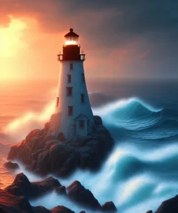 Fantasy, light house, surreal, waves crashing below, 8k, sunset, sketch